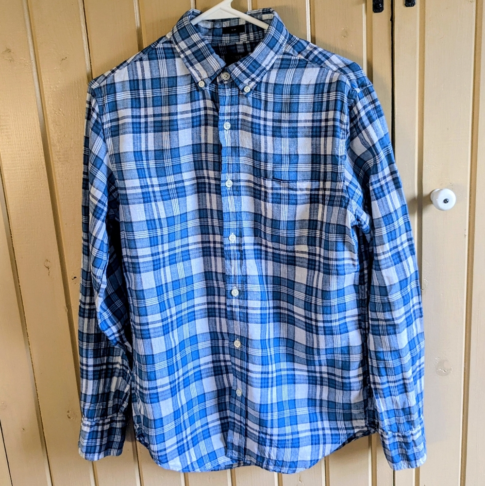 J. Crew Factory 100% Linen Blue Plaid Button Down Shirt Medium
